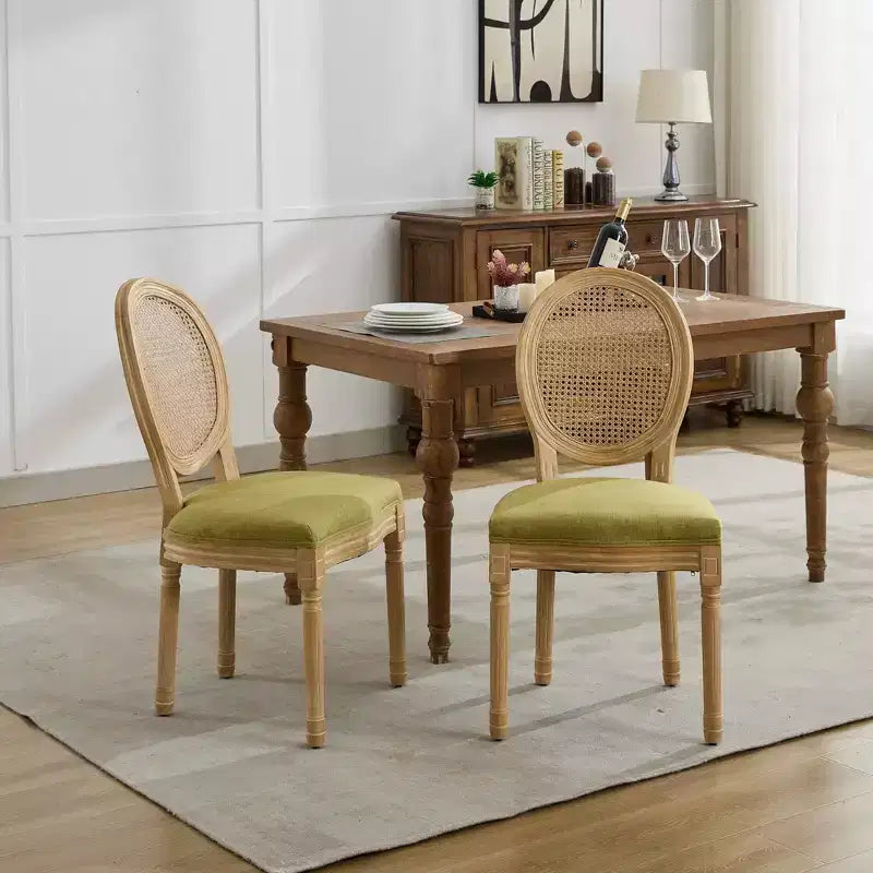 TUYOHW Eleganti sedie King Louis con schienale in rattan, set da 2, sedie da pranzo in morbido lino con gambe in legno di gomma, sedie laterali in stile francese, decorazioni per la casa