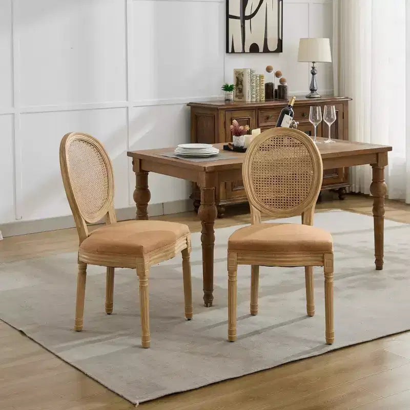 TUYOHW Eleganti sedie King Louis con schienale in rattan, set da 2, sedie da pranzo in morbido lino con gambe in legno di gomma, sedie laterali in stile francese, decorazioni per la casa