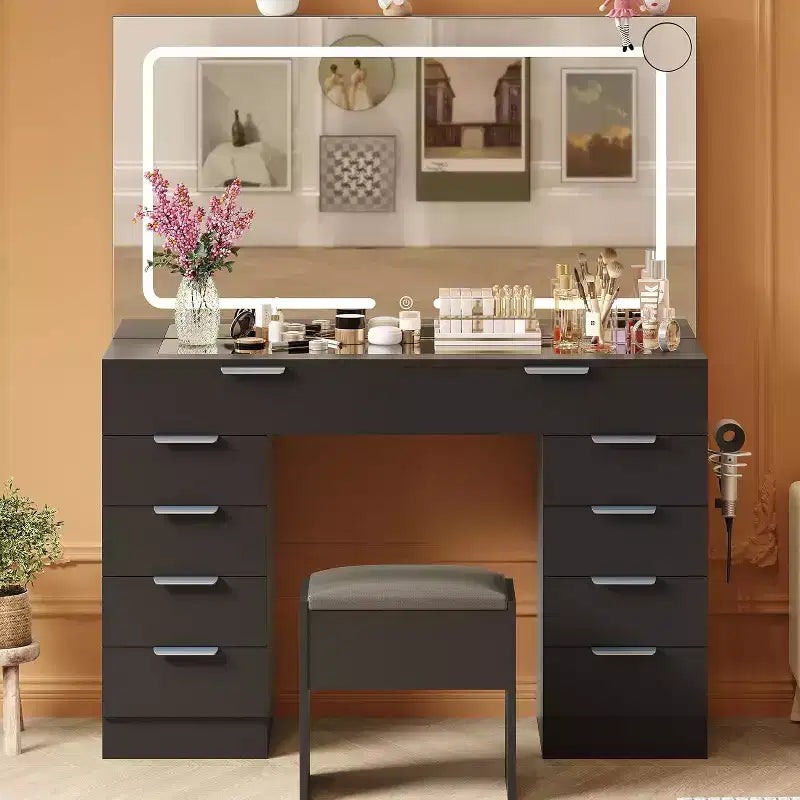 COZONY Toeletta Trucco con Specchio e Sgabello Imbottito, 10 Cassetti Contenitori, Supporto per Asciugacapelli e Luci Regolabili a 3 Colori, Tavolo da Trucco per Camera da Letto