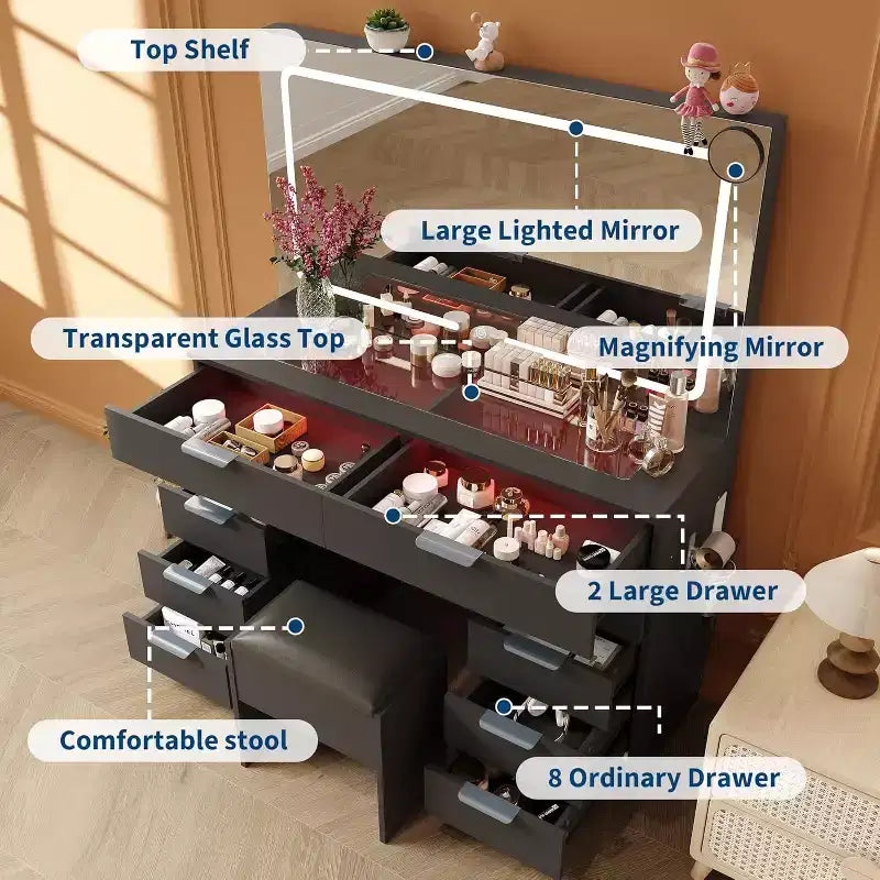 COZONY Toeletta Trucco con Specchio e Sgabello Imbottito, 10 Cassetti Contenitori, Supporto per Asciugacapelli e Luci Regolabili a 3 Colori, Tavolo da Trucco per Camera da Letto