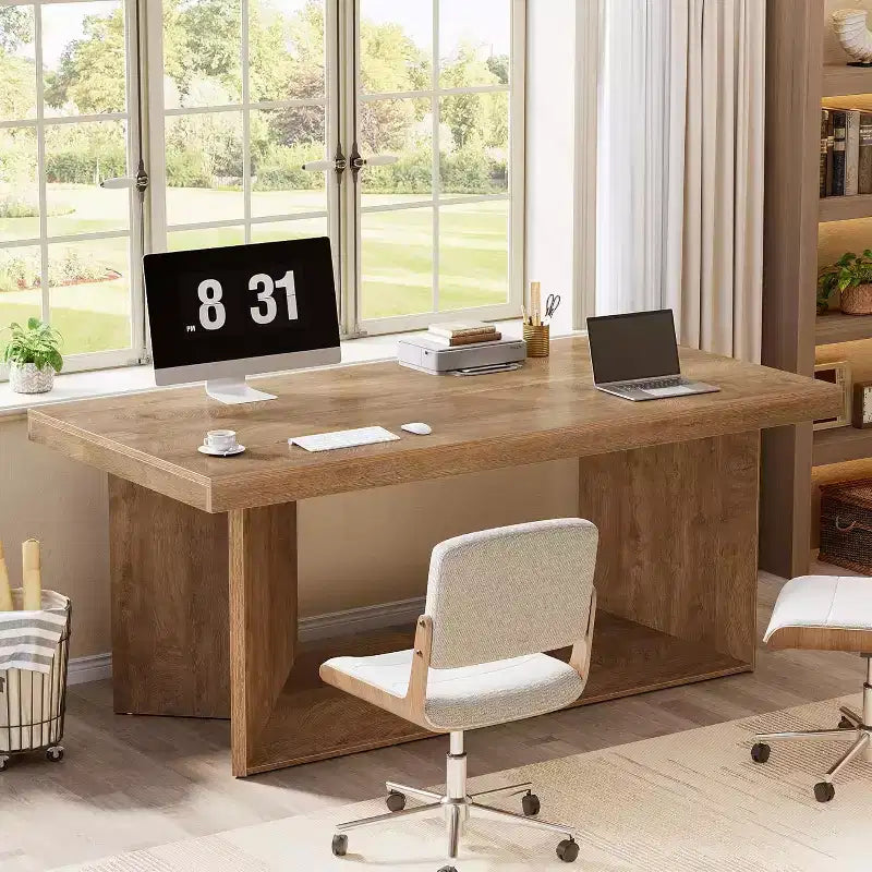 Scrivania direzionale Lantine da 63 pollici, scrivania per computer da ufficio con piedistallo resistente, tavolo da scrittura per workstation in stile rustico per ufficio domestico, marrone rustico