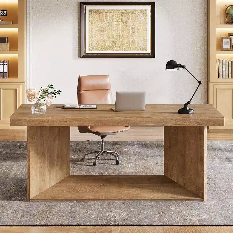 Scrivania direzionale Lantine da 63 pollici, scrivania per computer da ufficio con piedistallo resistente, tavolo da scrittura per workstation in stile rustico per ufficio domestico, marrone rustico