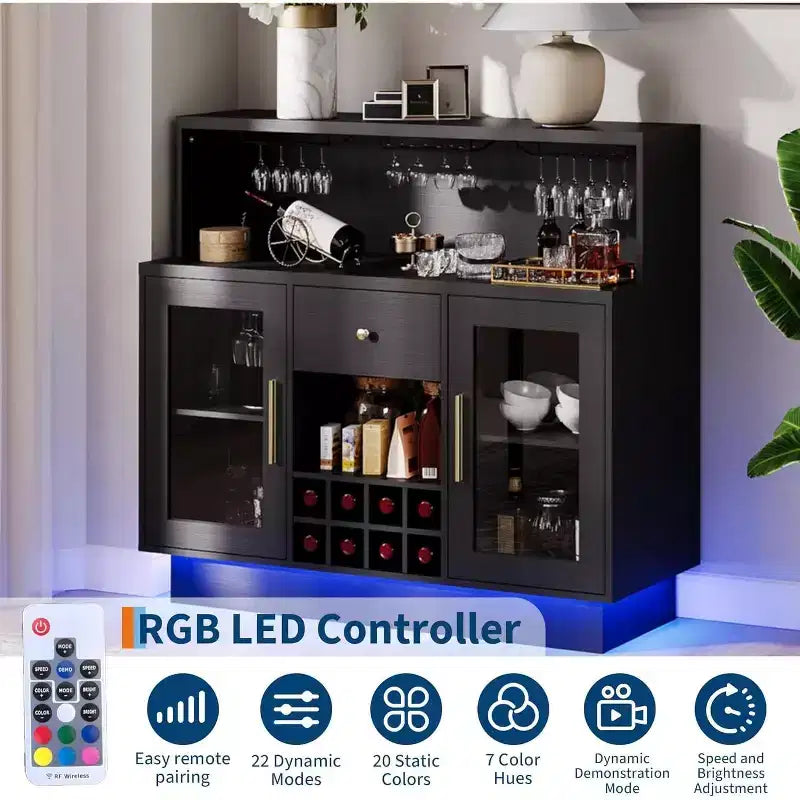 Modern Bar & Coffee Station with LED Lights, Lockable Glass Door & Spacious Countertop for Kitchen Living Game Room, Holds 8 Bottles & 15 Glasses