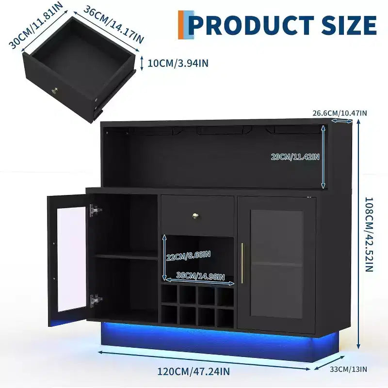 Moderno mobile bar e stazione caffè con luci a LED, porta in vetro con serratura e ampio ripiano per cucina, soggiorno, sala giochi, contiene 8 bottiglie e 15 bicchieri