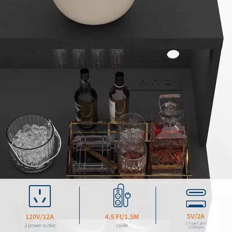 Moderno mobile bar e stazione caffè con luci a LED, porta in vetro con serratura e ampio ripiano per cucina, soggiorno, sala giochi, contiene 8 bottiglie e 15 bicchieri
