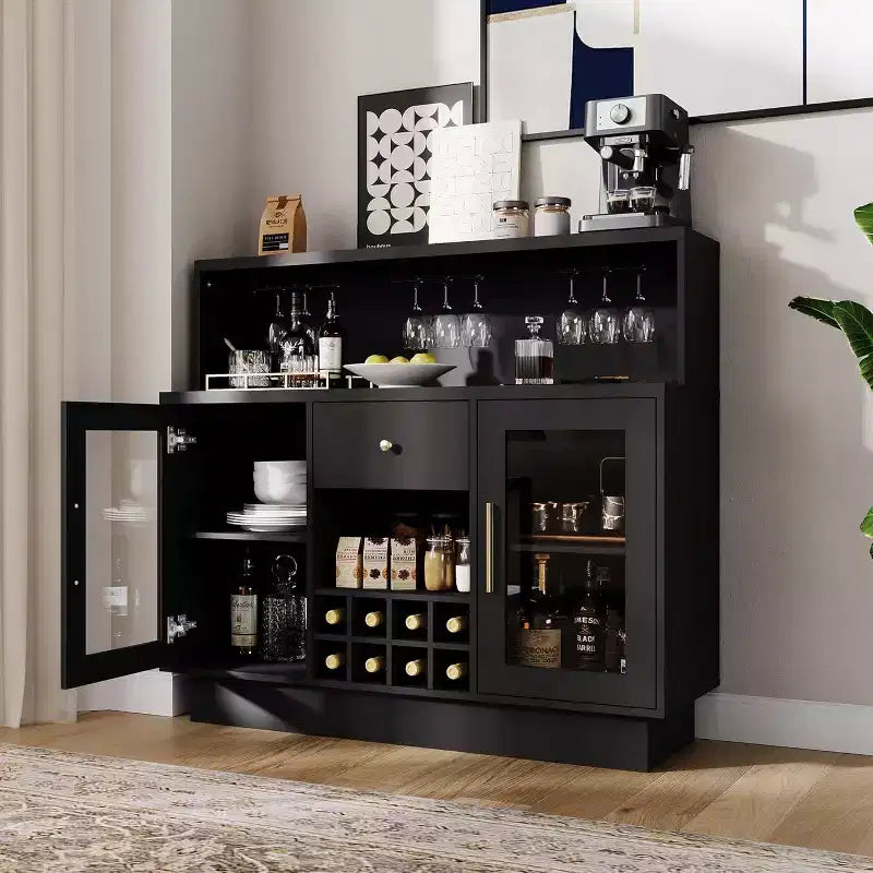 Moderno mobile bar e stazione caffè con luci a LED, porta in vetro con serratura e ampio ripiano per cucina, soggiorno, sala giochi, contiene 8 bottiglie e 15 bicchieri