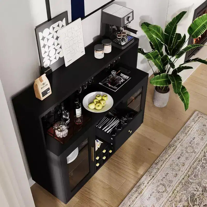 Moderno mobile bar e stazione caffè con luci a LED, porta in vetro con serratura e ampio ripiano per cucina, soggiorno, sala giochi, contiene 8 bottiglie e 15 bicchieri