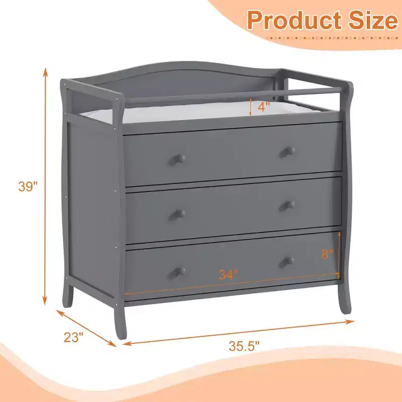 Fasciatoio moderno in legno con 3 cassetti, sponda di sicurezza e cinghia, fasciatoio per neonati e organizer per la cameretta