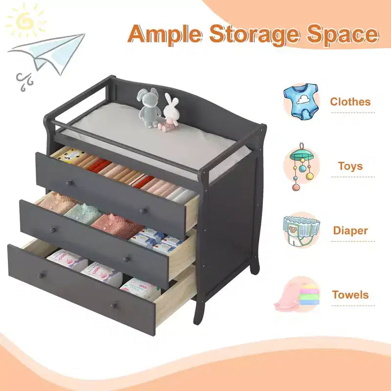 Fasciatoio moderno in legno con 3 cassetti, sponda di sicurezza e cinghia, fasciatoio per neonati e organizer per la cameretta