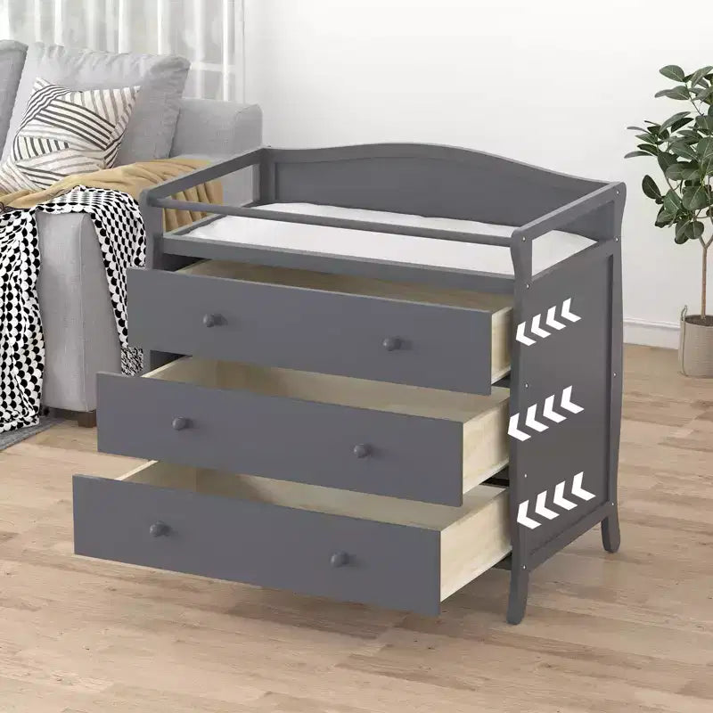 Fasciatoio moderno in legno con 3 cassetti, sponda di sicurezza e cinghia, fasciatoio per neonati e organizer per la cameretta