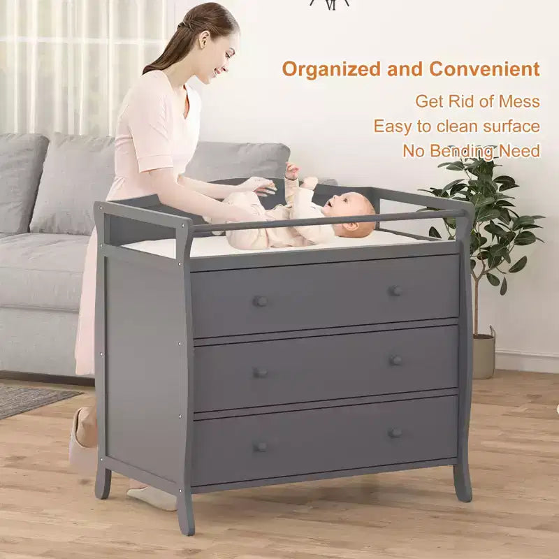 Fasciatoio moderno in legno con 3 cassetti, sponda di sicurezza e cinghia, fasciatoio per neonati e organizer per la cameretta