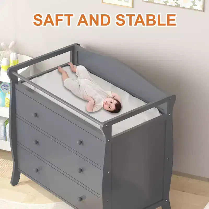 Fasciatoio moderno in legno con 3 cassetti, sponda di sicurezza e cinghia, fasciatoio per neonati e organizer per la cameretta