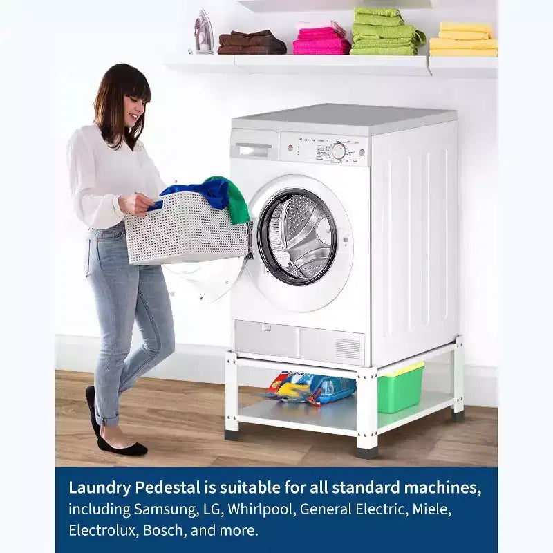 Piedistallo per lavatrice e asciugatrice, confezione da 2, con ripiano portaoggetti, supporto universale in acciaio da 28" di larghezza e 14" di altezza con capacità di 360 kg, bianco