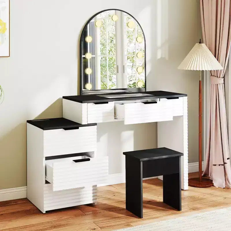 AEELLEEA Scrivania Trucco con Specchio, Luci, Piano in Vetro, Tavolino Trucco Moderno con Cassetti per Camera da Letto, Spina USA