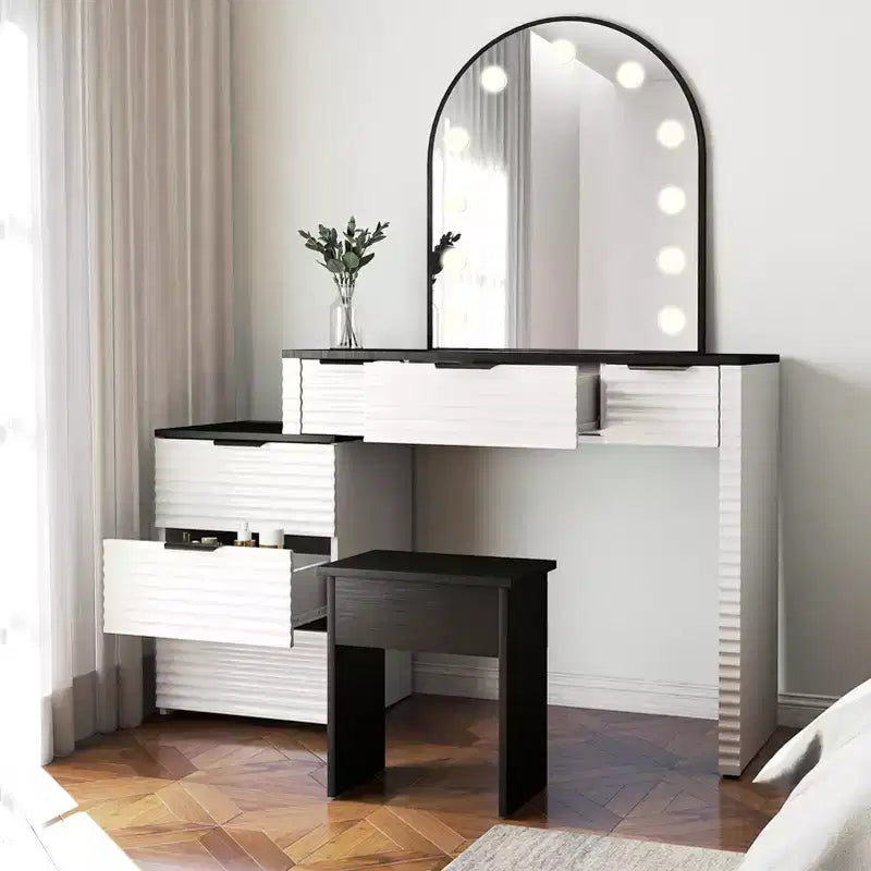 AEELLEEA Scrivania Trucco con Specchio, Luci, Piano in Vetro, Tavolino Trucco Moderno con Cassetti per Camera da Letto, Spina USA