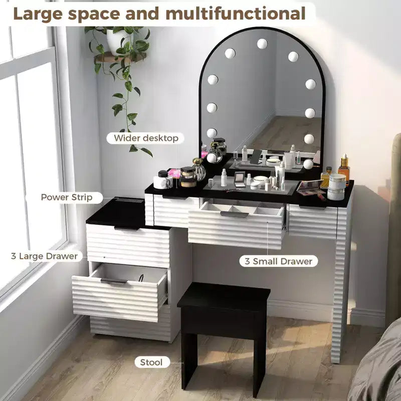 AEELLEEA Scrivania Trucco con Specchio, Luci, Piano in Vetro, Tavolino Trucco Moderno con Cassetti per Camera da Letto, Spina USA