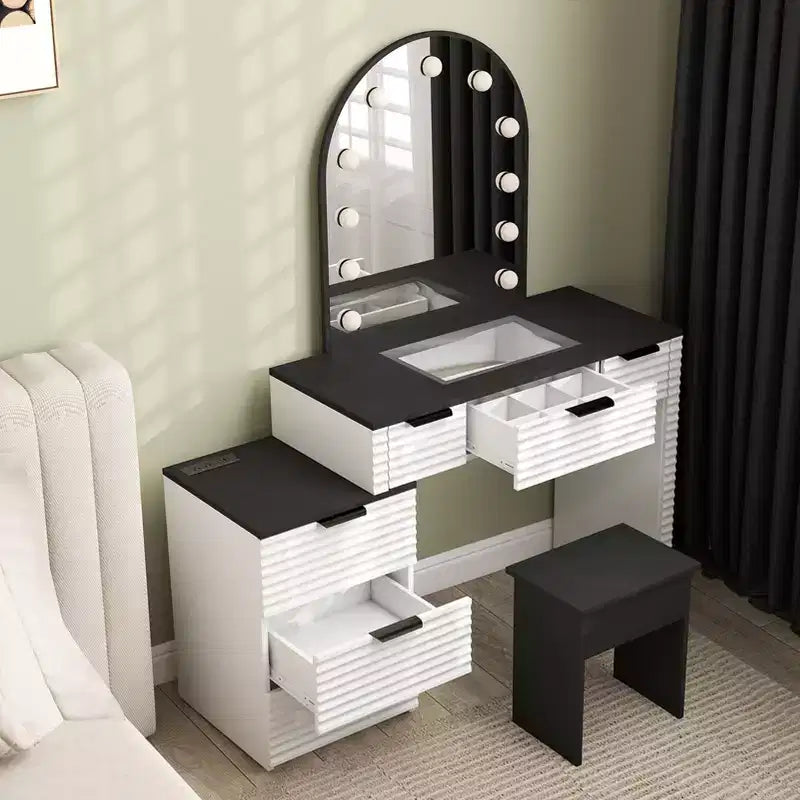 AEELLEEA Scrivania Trucco con Specchio, Luci, Piano in Vetro, Tavolino Trucco Moderno con Cassetti per Camera da Letto, Spina USA