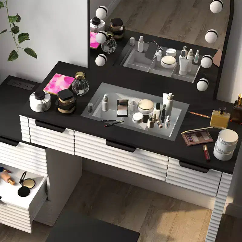 AEELLEEA Scrivania Trucco con Specchio, Luci, Piano in Vetro, Tavolino Trucco Moderno con Cassetti per Camera da Letto, Spina USA
