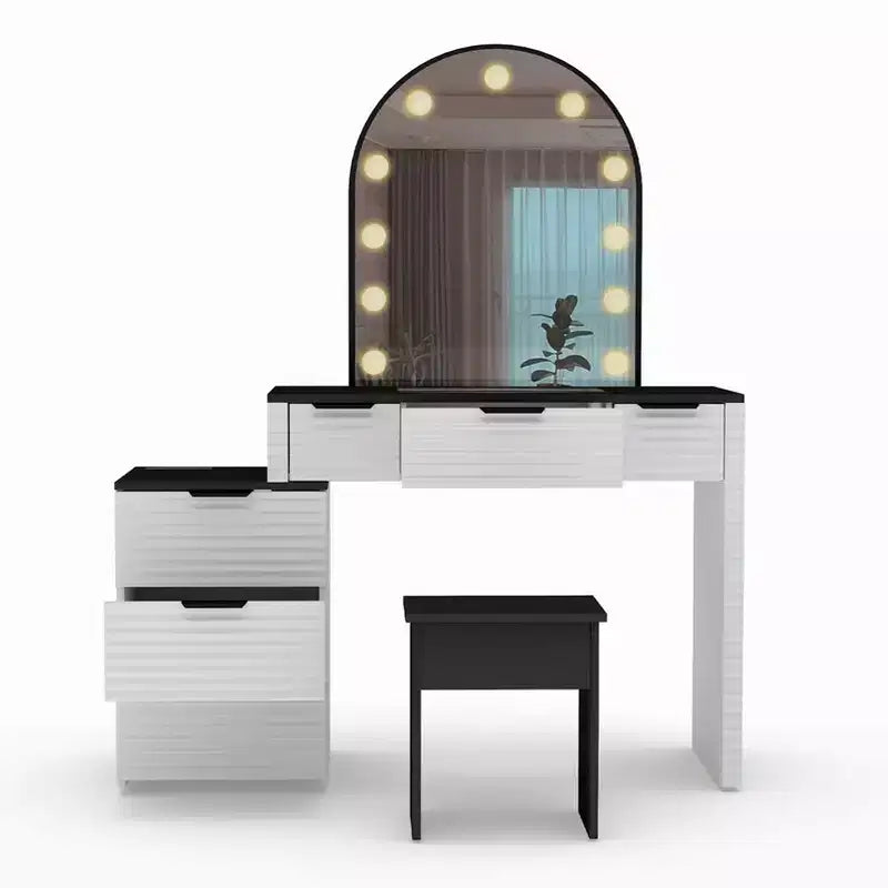 AEELLEEA Scrivania Trucco con Specchio, Luci, Piano in Vetro, Tavolino Trucco Moderno con Cassetti per Camera da Letto, Spina USA