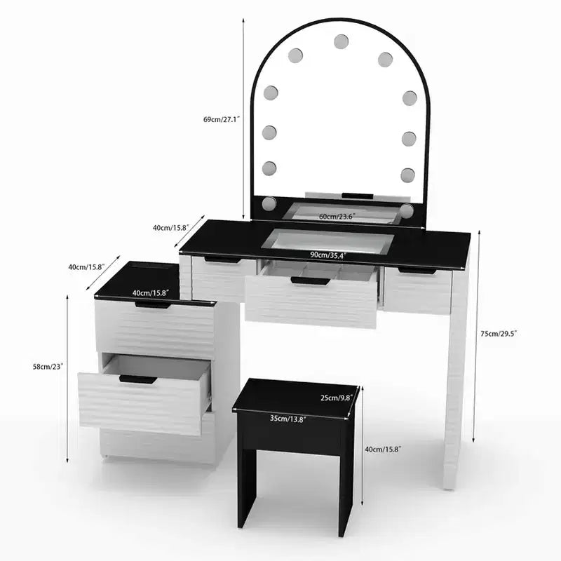 AEELLEEA Scrivania Trucco con Specchio, Luci, Piano in Vetro, Tavolino Trucco Moderno con Cassetti per Camera da Letto, Spina USA