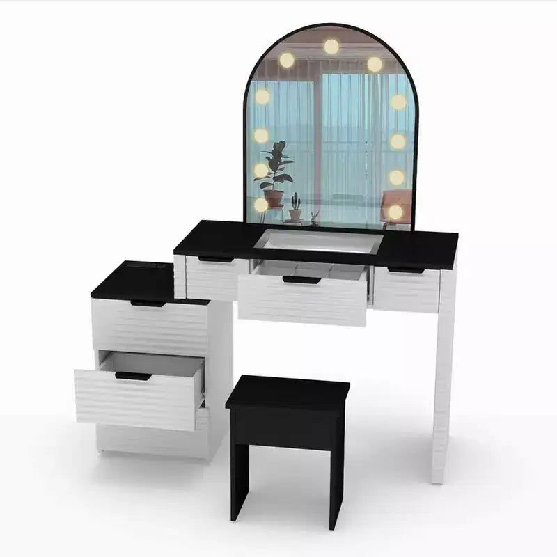 AEELLEEA Scrivania Trucco con Specchio, Luci, Piano in Vetro, Tavolino Trucco Moderno con Cassetti per Camera da Letto, Spina USA