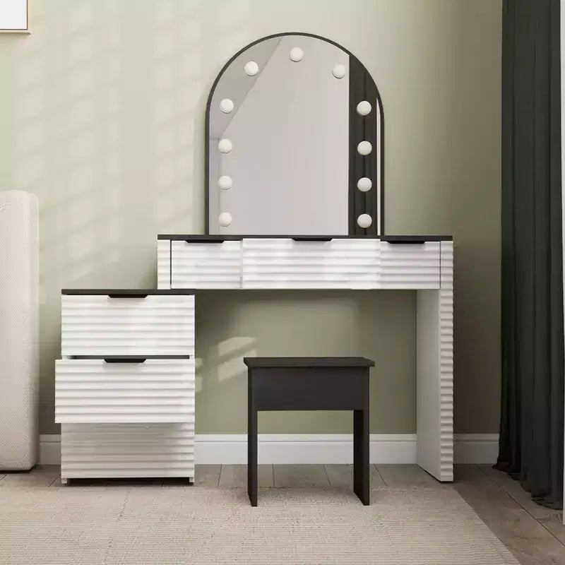 AEELLEEA Scrivania Trucco con Specchio, Luci, Piano in Vetro, Tavolino Trucco Moderno con Cassetti per Camera da Letto, Spina USA