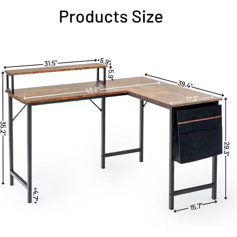 FurnitureR Scrivania per computer a L reversibile, scrivania angolare con borsa portaoggetti, scrivania da ufficio a L da 48,8 pollici con ripiano, Marrone