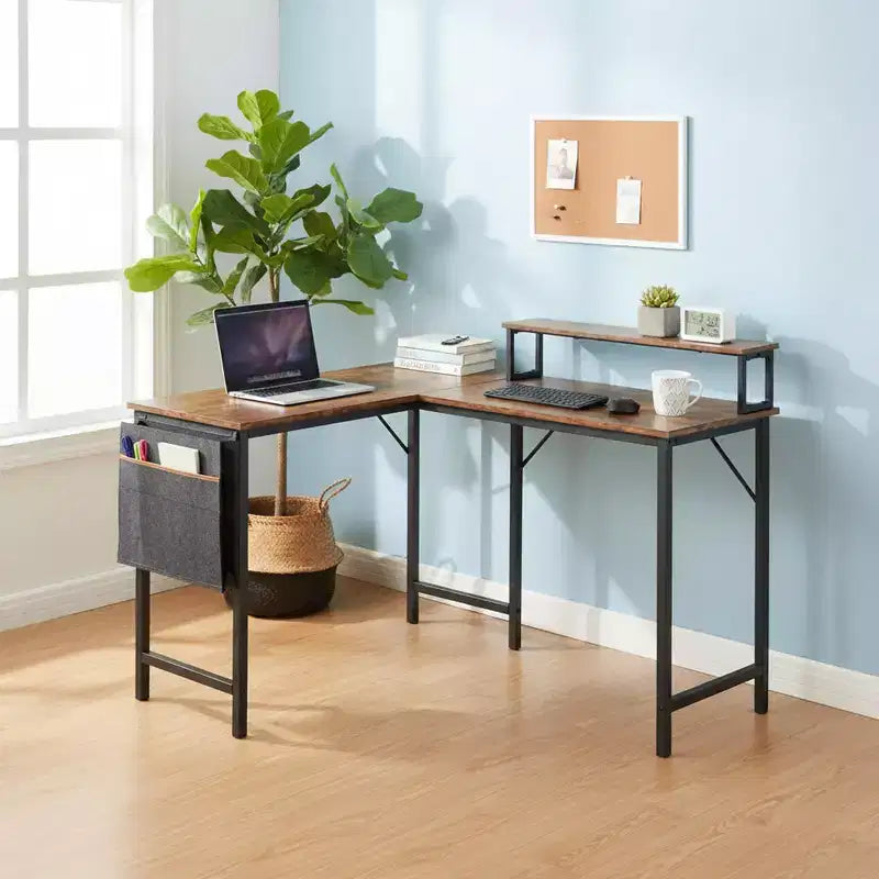 FurnitureR Scrivania per computer a L reversibile, scrivania angolare con borsa portaoggetti, scrivania da ufficio a L da 48,8 pollici con ripiano, Marrone