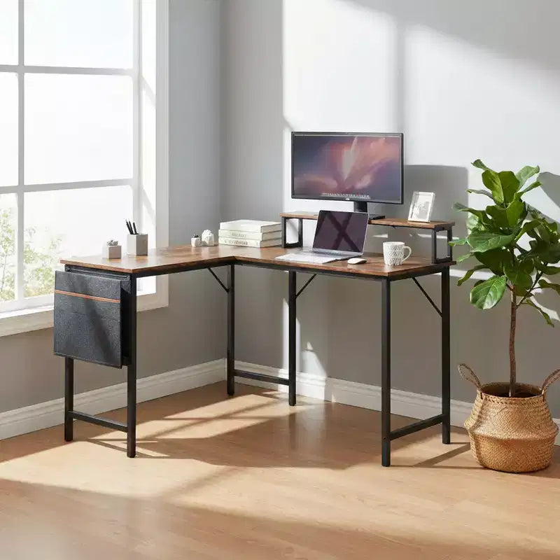FurnitureR Scrivania per computer a L reversibile, scrivania angolare con borsa portaoggetti, scrivania da ufficio a L da 48,8 pollici con ripiano, Marrone