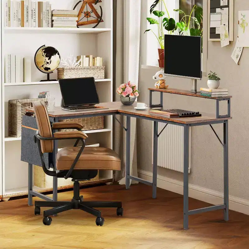 FurnitureR Scrivania per computer a L reversibile, scrivania angolare con borsa portaoggetti, scrivania da ufficio a L da 48,8 pollici con ripiano, Marrone