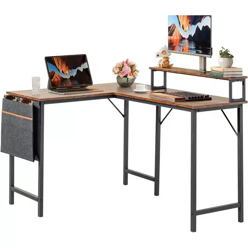FurnitureR Scrivania per computer a L reversibile, scrivania angolare con borsa portaoggetti, scrivania da ufficio a L da 48,8 pollici con ripiano, Marrone