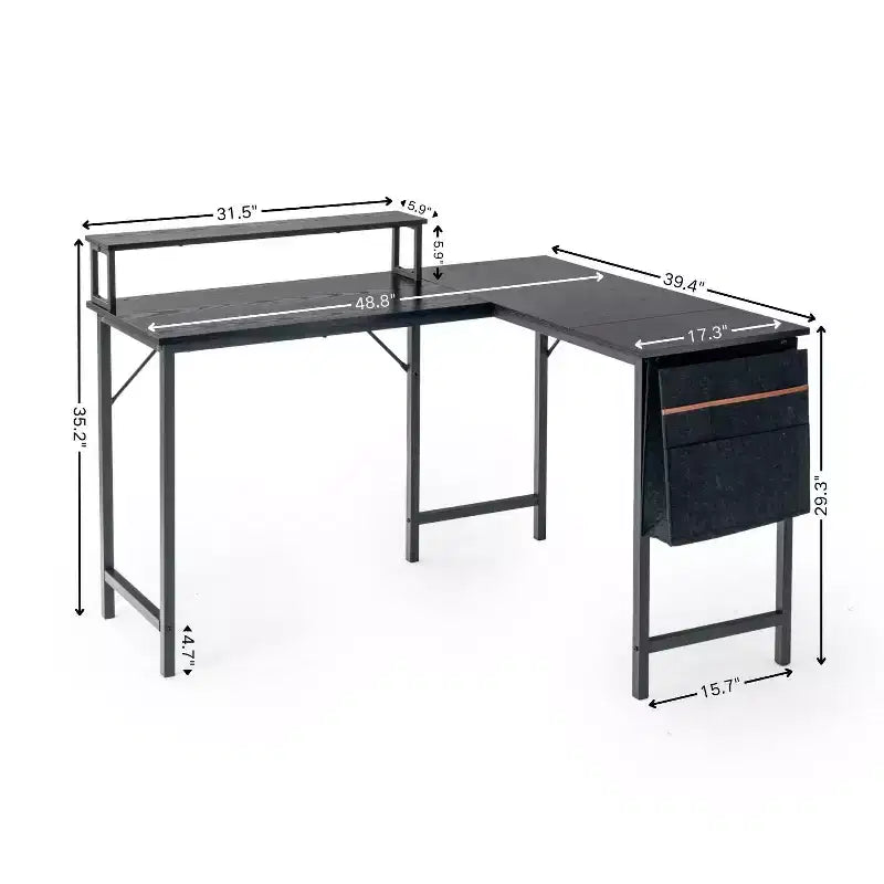 FurnitureR Scrivania per computer a L reversibile con luci a LED, tavolo da gioco da 123,9 cm con ripiano, scrivania da ufficio angolare con borsa portaoggetti
