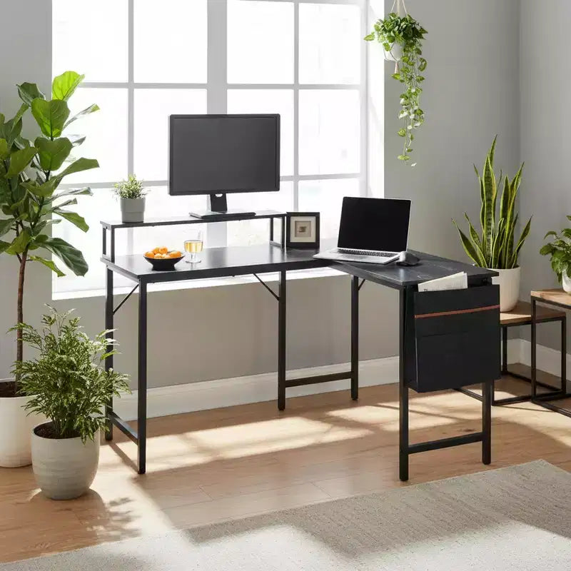 FurnitureR Scrivania per computer a L reversibile con luci a LED, tavolo da gioco da 123,9 cm con ripiano, scrivania da ufficio angolare con borsa portaoggetti