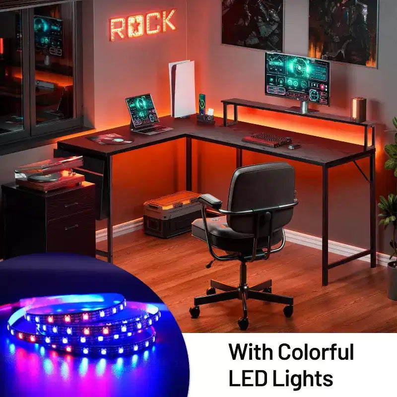FurnitureR Scrivania per computer a L reversibile con luci a LED, tavolo da gioco da 123,9 cm con ripiano, scrivania da ufficio angolare con borsa portaoggetti