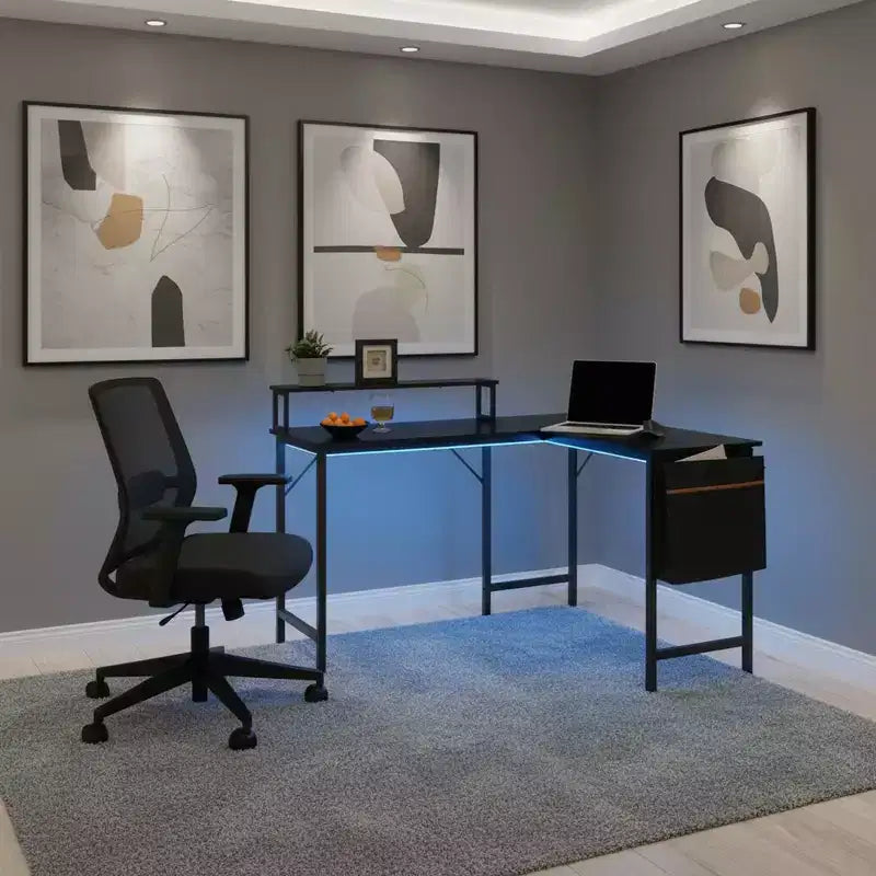 FurnitureR Scrivania per computer a L reversibile con luci a LED, tavolo da gioco da 123,9 cm con ripiano, scrivania da ufficio angolare con borsa portaoggetti