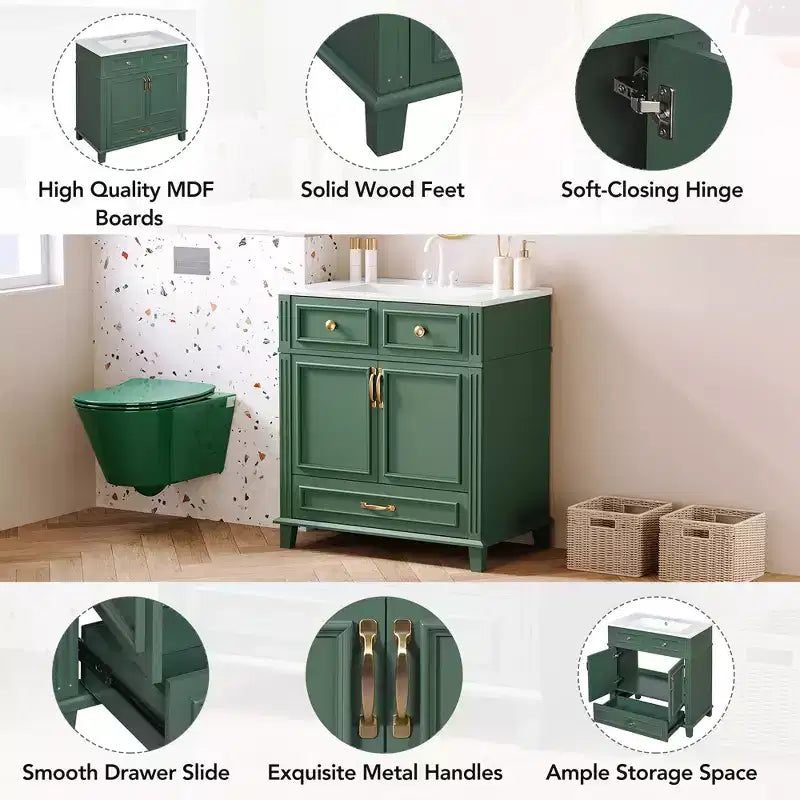 Mobile lavabo da bagno da 76 cm, Mobiletto da bagno con ante a chiusura ammortizzata, Mobile lavabo singolo con struttura in legno massello