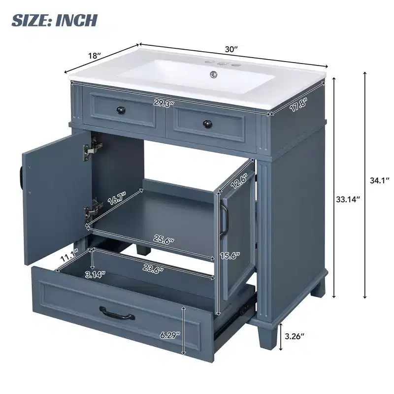 Mobile lavabo da bagno da 76 cm, Mobiletto da bagno con ante a chiusura ammortizzata, Mobile lavabo singolo con struttura in legno massello