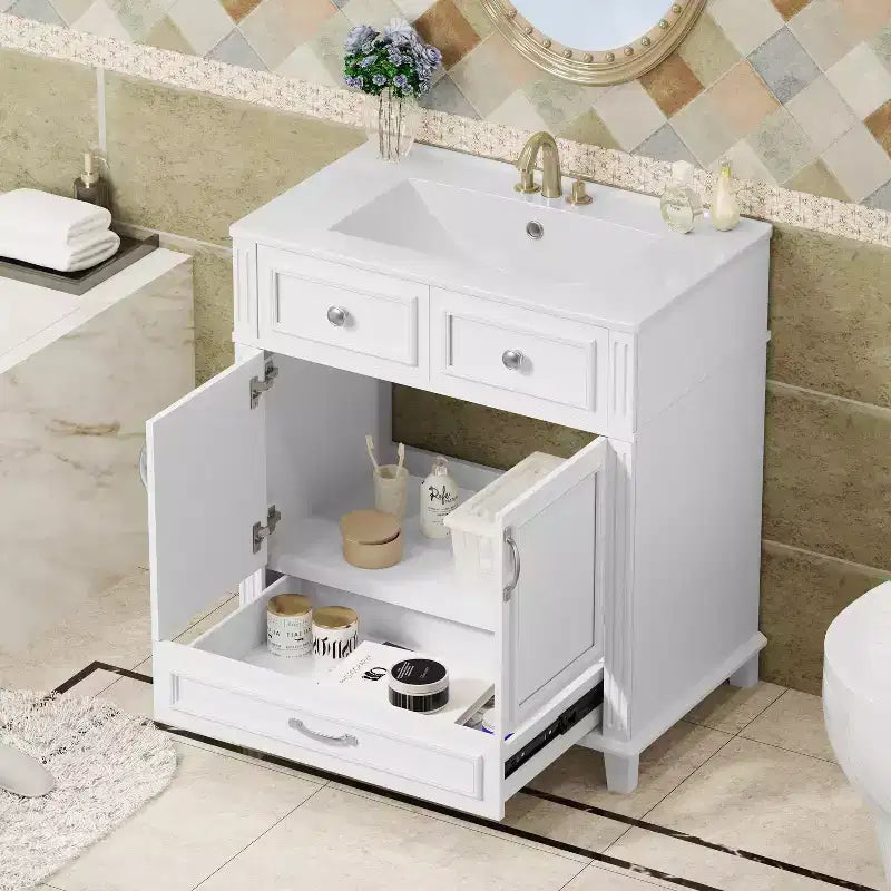 Mobile lavabo da bagno da 76 cm, Mobiletto da bagno con ante a chiusura ammortizzata, Mobile lavabo singolo con struttura in legno massello