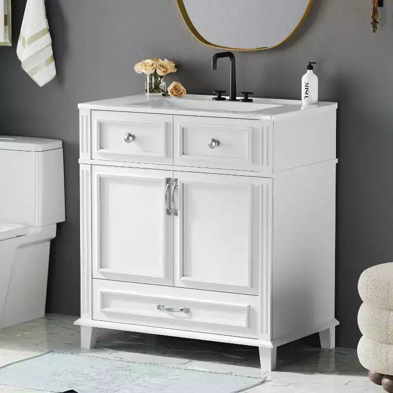 Mobile lavabo da bagno da 76 cm, Mobiletto da bagno con ante a chiusura ammortizzata, Mobile lavabo singolo con struttura in legno massello