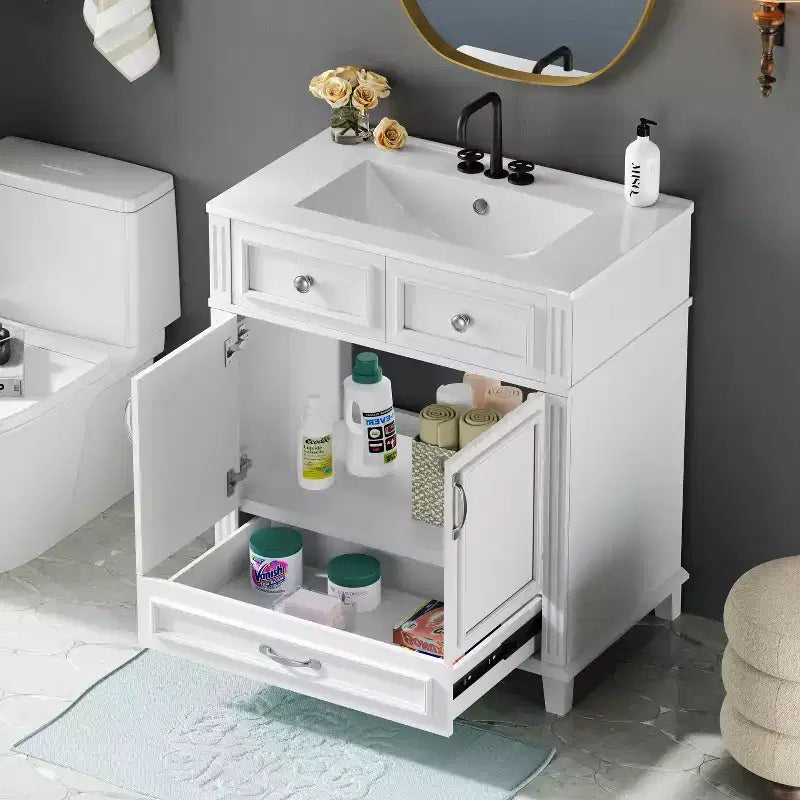 Mobile lavabo da bagno da 76 cm, Mobiletto da bagno con ante a chiusura ammortizzata, Mobile lavabo singolo con struttura in legno massello