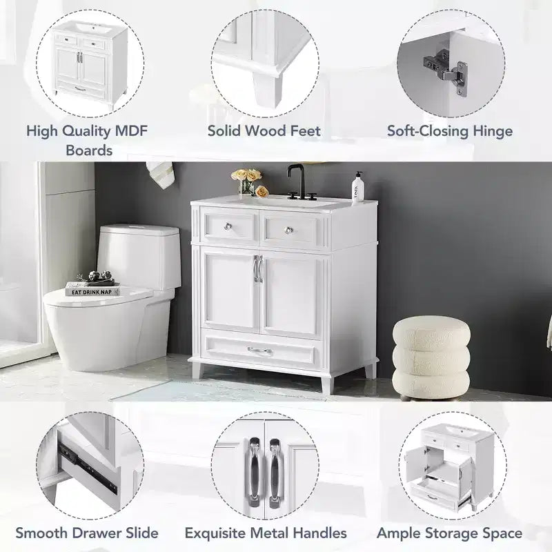 Mobile lavabo da bagno da 76 cm, Mobiletto da bagno con ante a chiusura ammortizzata, Mobile lavabo singolo con struttura in legno massello