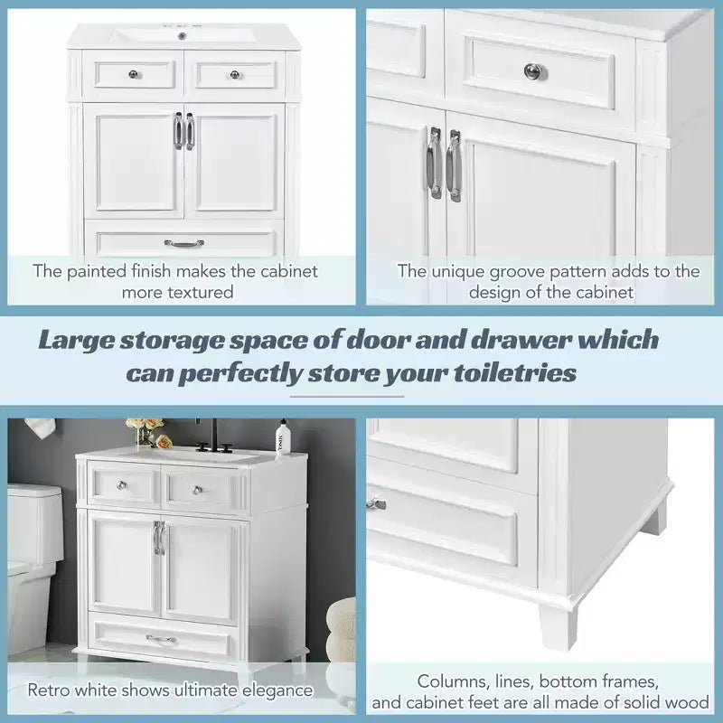 Mobile lavabo da bagno da 76 cm, Mobiletto da bagno con ante a chiusura ammortizzata, Mobile lavabo singolo con struttura in legno massello