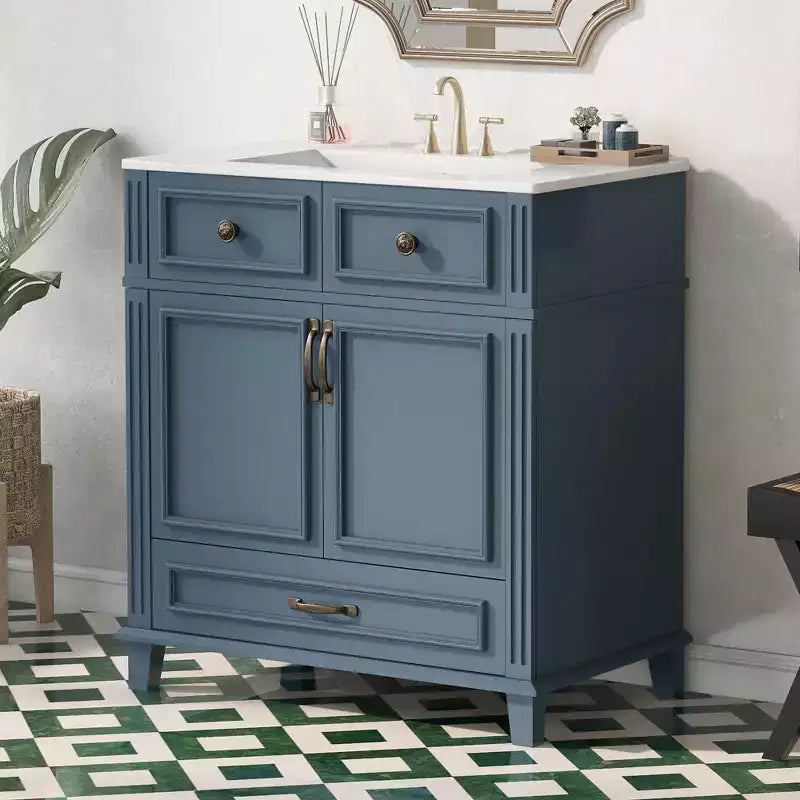 Mobile lavabo da bagno da 76 cm, Mobiletto da bagno con ante a chiusura ammortizzata, Mobile lavabo singolo con struttura in legno massello