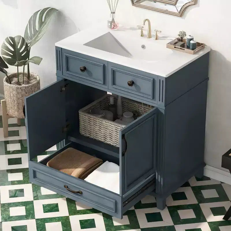 Mobile lavabo da bagno da 76 cm, Mobiletto da bagno con ante a chiusura ammortizzata, Mobile lavabo singolo con struttura in legno massello