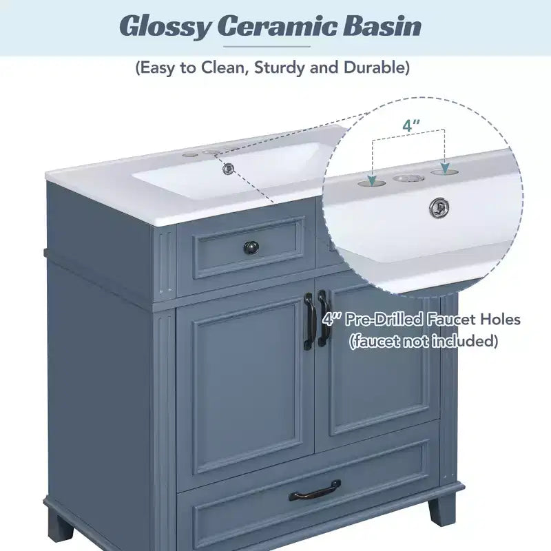 Mobile lavabo da bagno da 76 cm, Mobiletto da bagno con ante a chiusura ammortizzata, Mobile lavabo singolo con struttura in legno massello