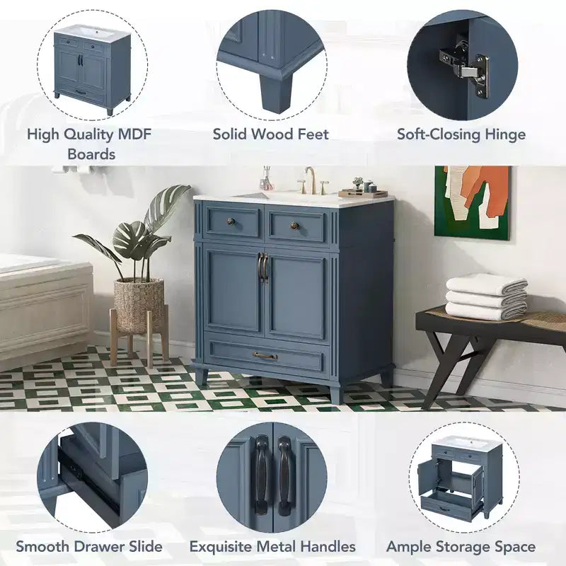 Mobile lavabo da bagno da 76 cm, Mobiletto da bagno con ante a chiusura ammortizzata, Mobile lavabo singolo con struttura in legno massello