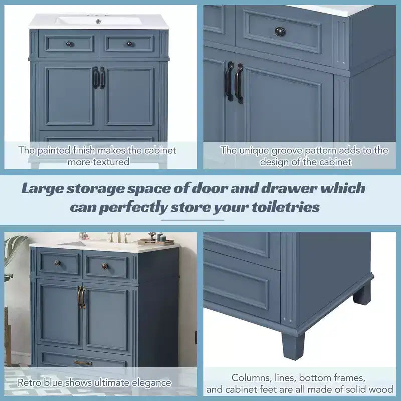 Mobile lavabo da bagno da 76 cm, Mobiletto da bagno con ante a chiusura ammortizzata, Mobile lavabo singolo con struttura in legno massello
