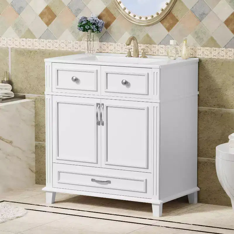 Mobile lavabo da bagno da 76 cm, Mobiletto da bagno con ante a chiusura ammortizzata, Mobile lavabo singolo con struttura in legno massello