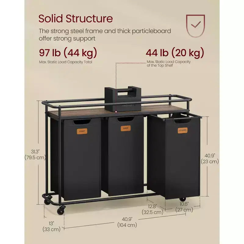 Cesto portabiancheria con rotelle, carrello scorrevole da 150 L con 3 fodere rimovibili e 6 etichette, ripiano superiore per detersivi, cesto portabiancheria portatile, nero inchiostro