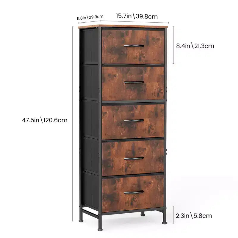 Comò accogliente a 5 cassetti in tessuto con struttura in acciaio e piano in legno, organizer portatile per camera da letto, armadio, ingresso, soggiorno